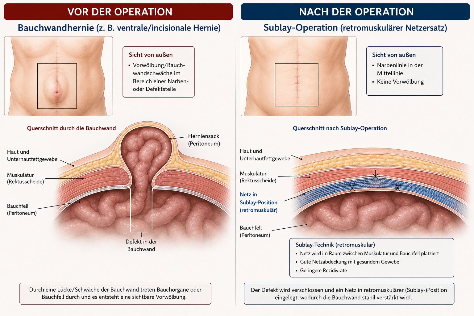 Medizinische Illustration: Bauchwandhernie vor und nach Sublay-Operation