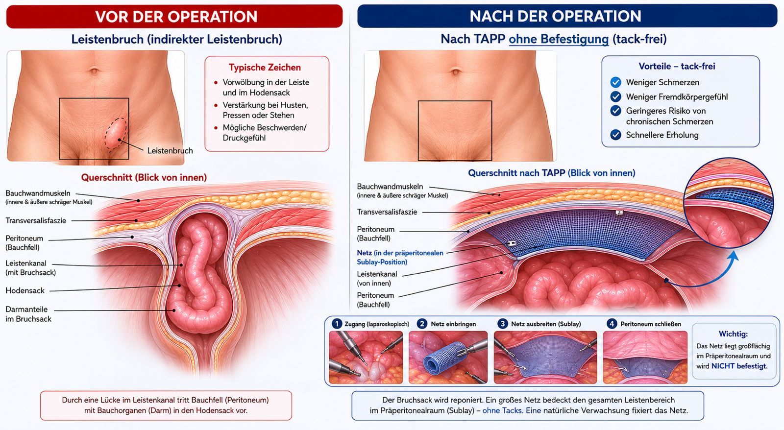Medizinische Illustration: Leistenbruch vor und nach TAPP-Operation